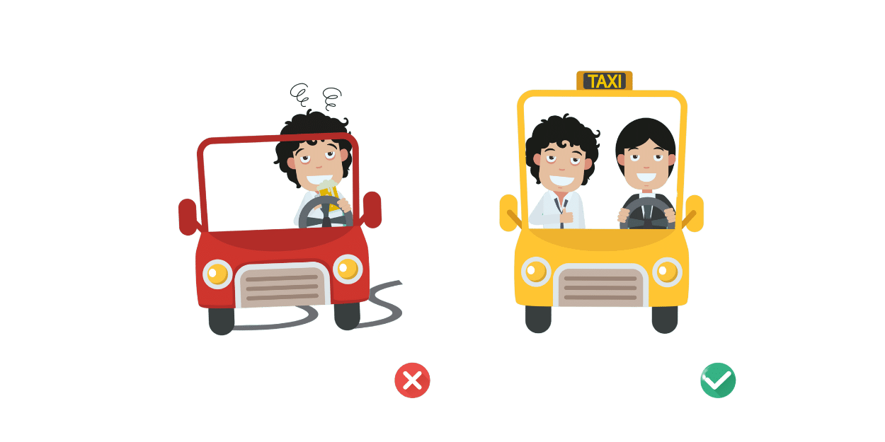 Cartoon: Betrunkener Fahrer vs. Taxi-Alternative – Don’t drink and drive