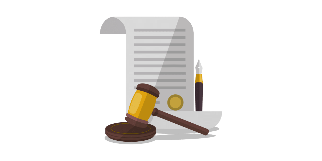 Illustration: Kaufvertrag mit Siegel, Füller und Richterhammer