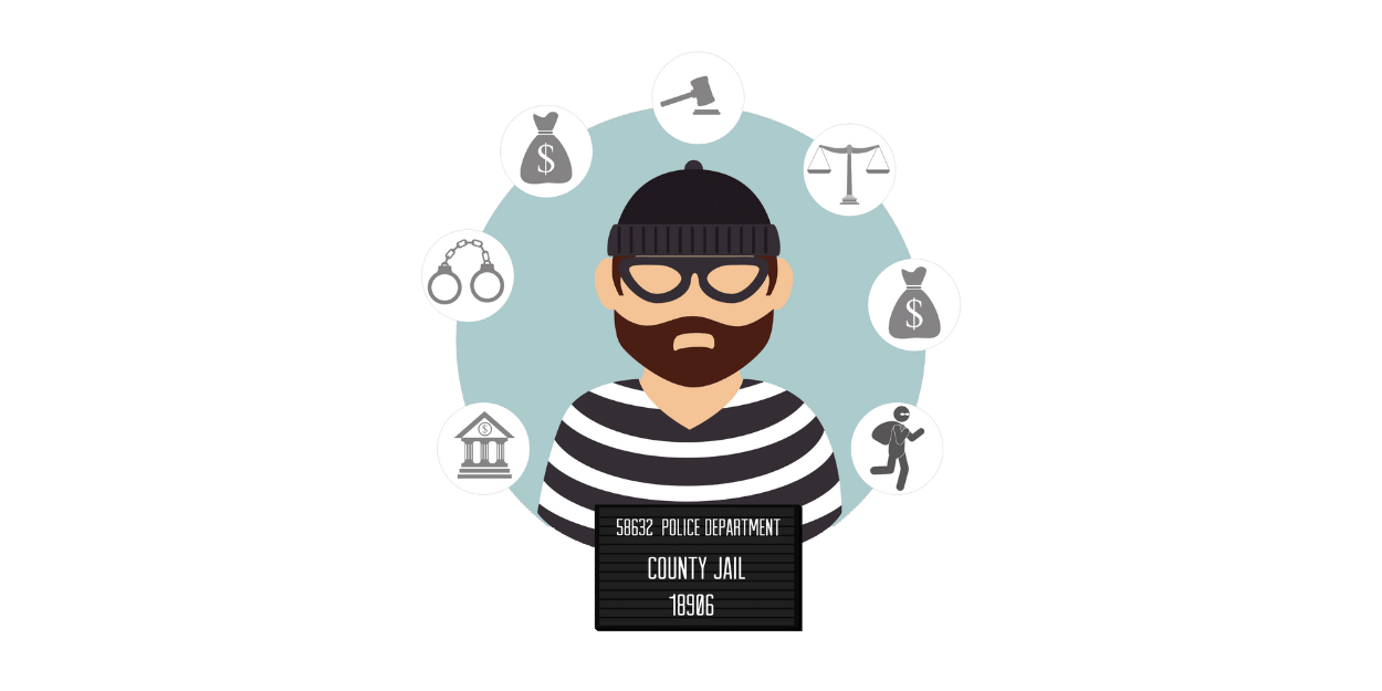 Animierte Täter-Illustration mit Symbolen für Justiz, Geld, Handschellen