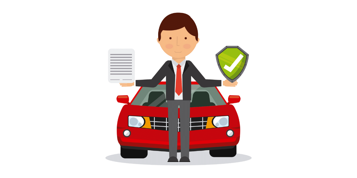 Illustration: Berater vor rotem Auto mit Dokument und grünem Schutzschild