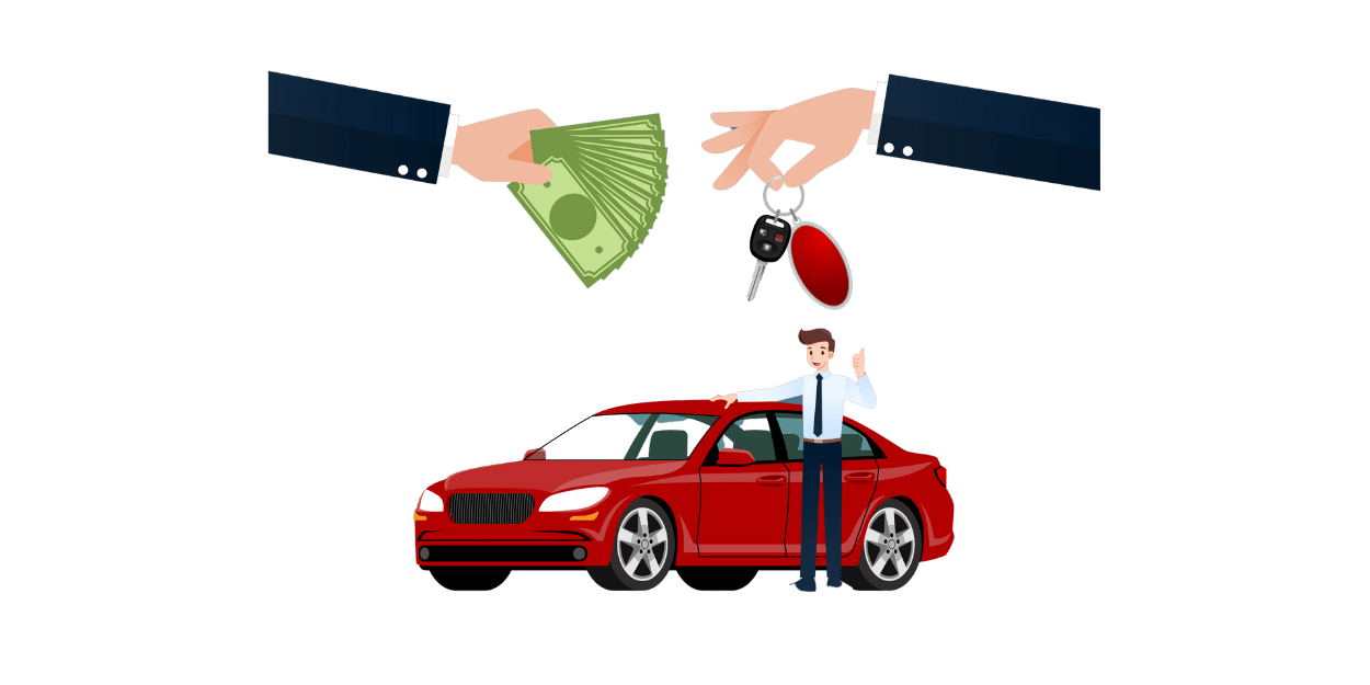 Illustration: Geld gegen Autoschlüssel – rotes Auto, Leasing