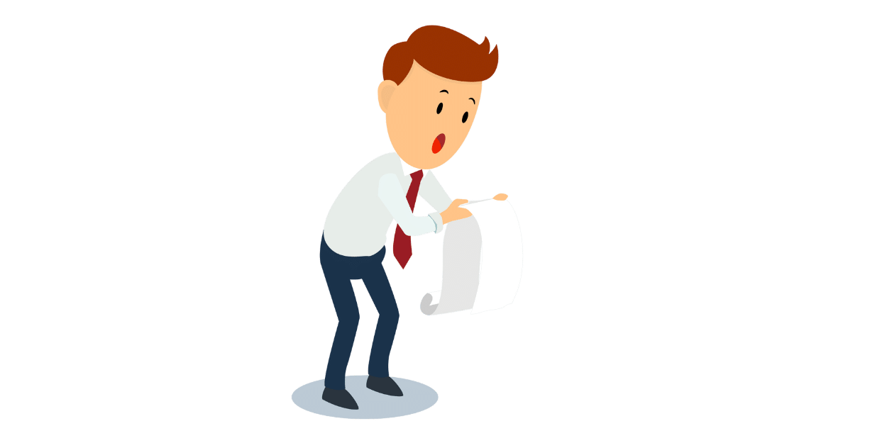 Illustration: überraschter Mann mit langer Rechnung – hohe Forderung