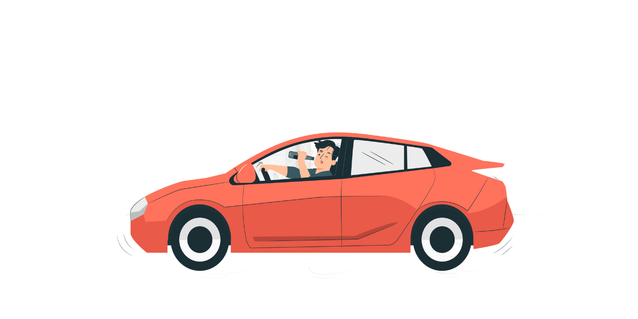 Illustration: Fahrer trinkt Alkohol am Steuer im roten Auto