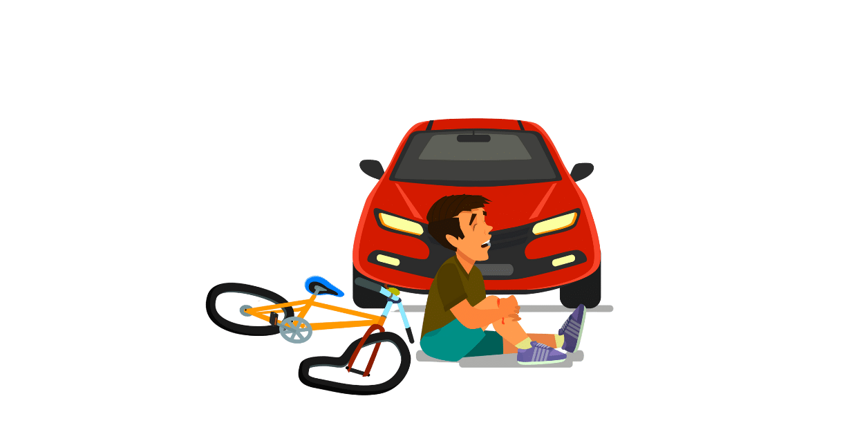 Illustration: verletzter Junge mit Fahrrad vor rotem Auto – Verkehrsunfall