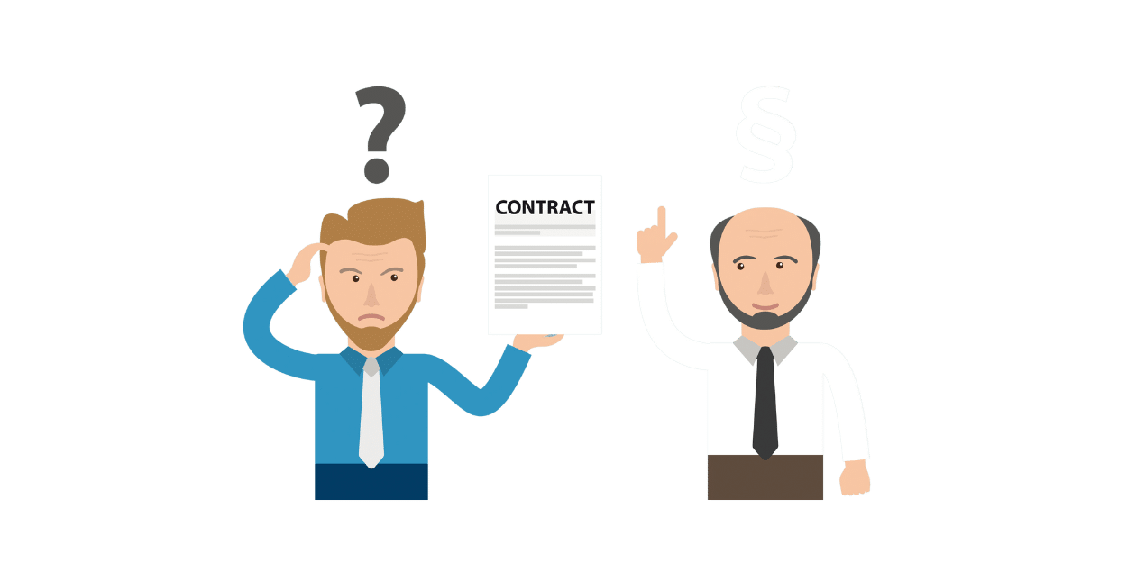 Illustration: Mandant mit Vertrag, Berater mit Paragrafenzeichen